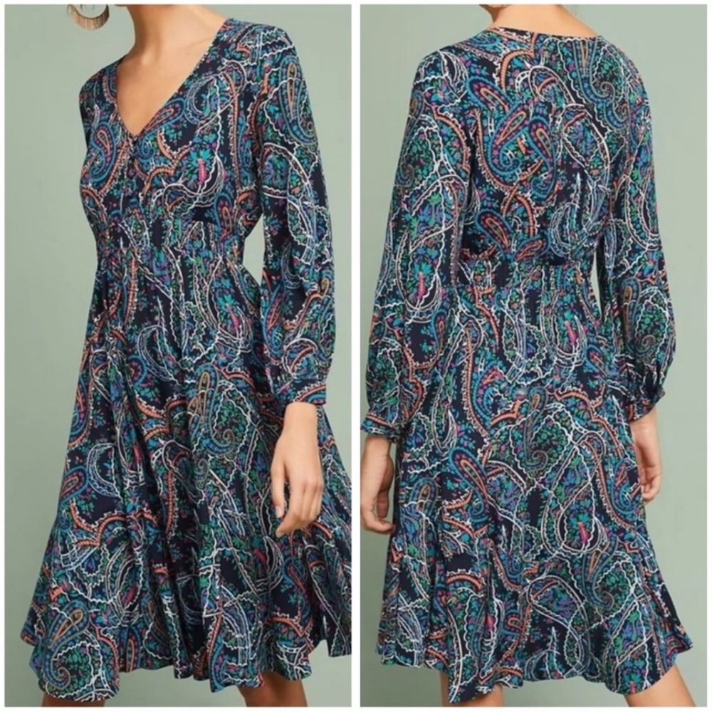 Maeve Anthropologie Paisley Print Long Sleeve Dress, Size L Large